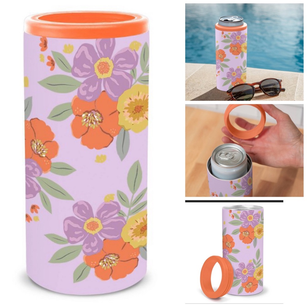 NWT OCS Designs Stainless Steel Slim Can Cooler Pretty Petals